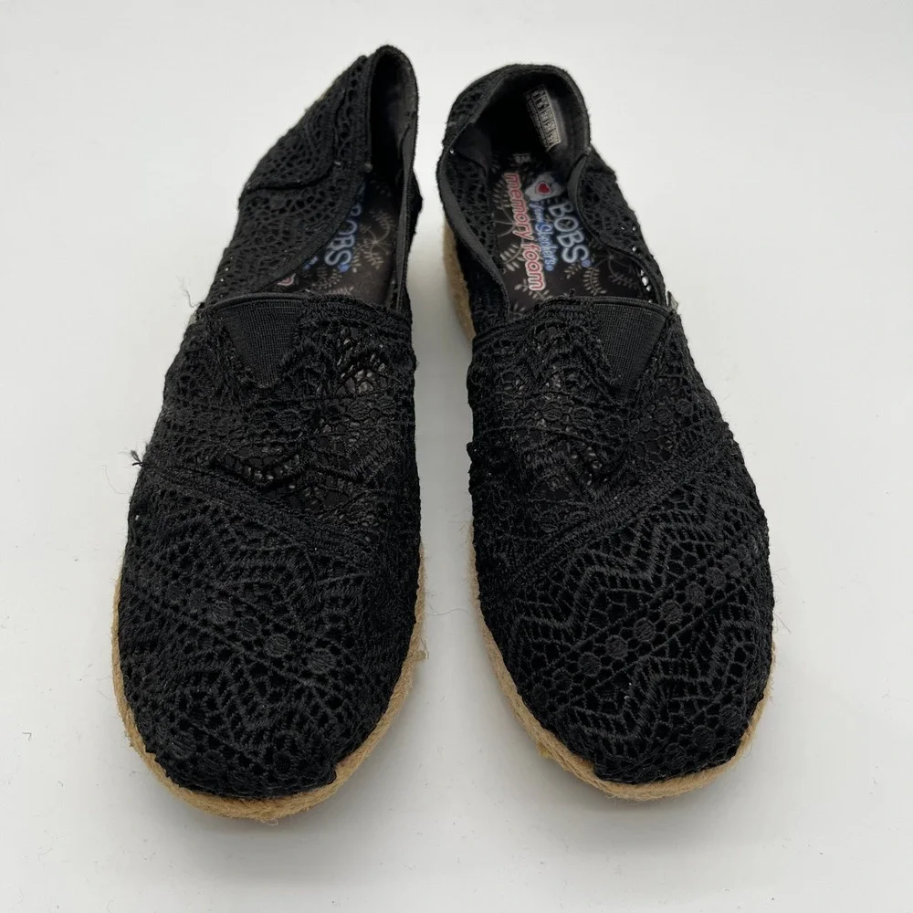 Skechers BOBS Highlights 2.0 Black Crochet Lace‎ Espadrille Flats Womens 8 34103